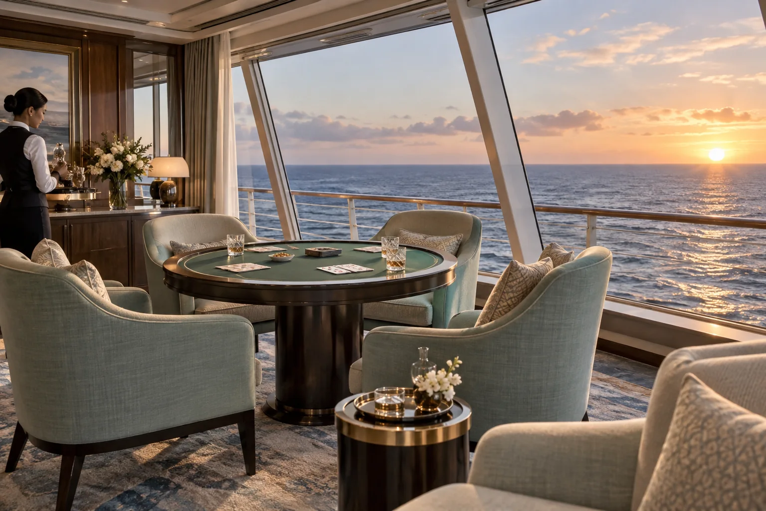 Private card table in a quiet ocean observation salon aboard the ship at sunset