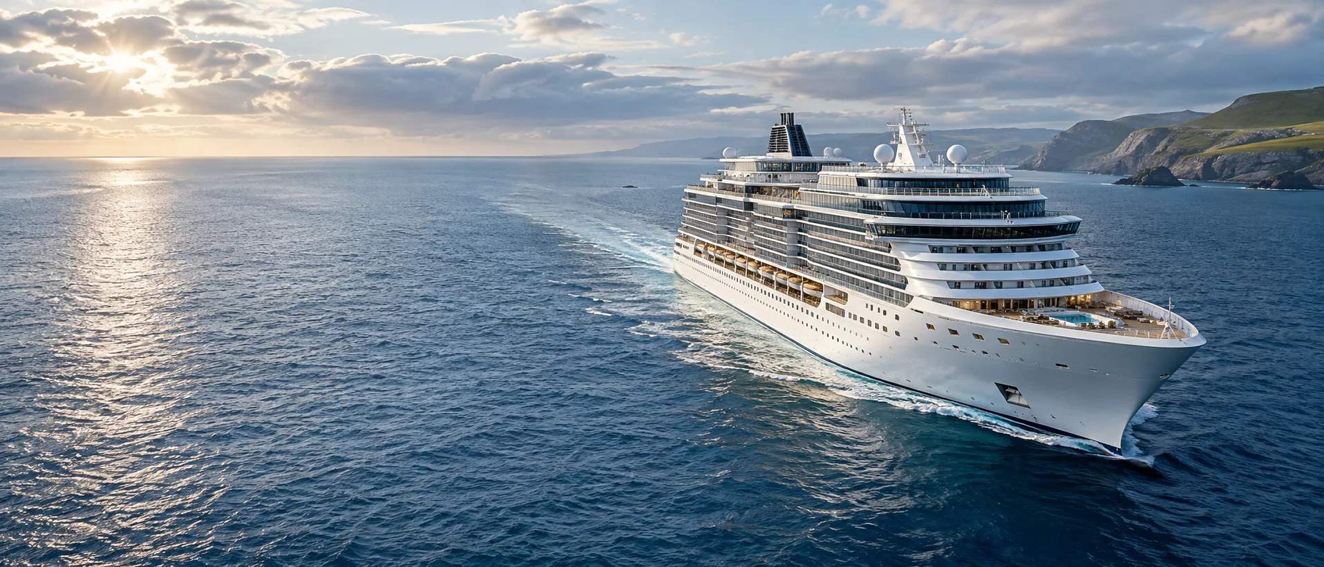 Contemporary white cruise liner sailing through open blue water beside the British coastline